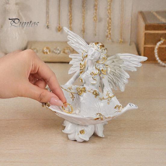 Small Angel Figurine Resin Figurine, Half Body Winged Fairy Sculpture with Gold Trim, Matte Warm White Decor Desk for Bedroom Shelf Gift Women