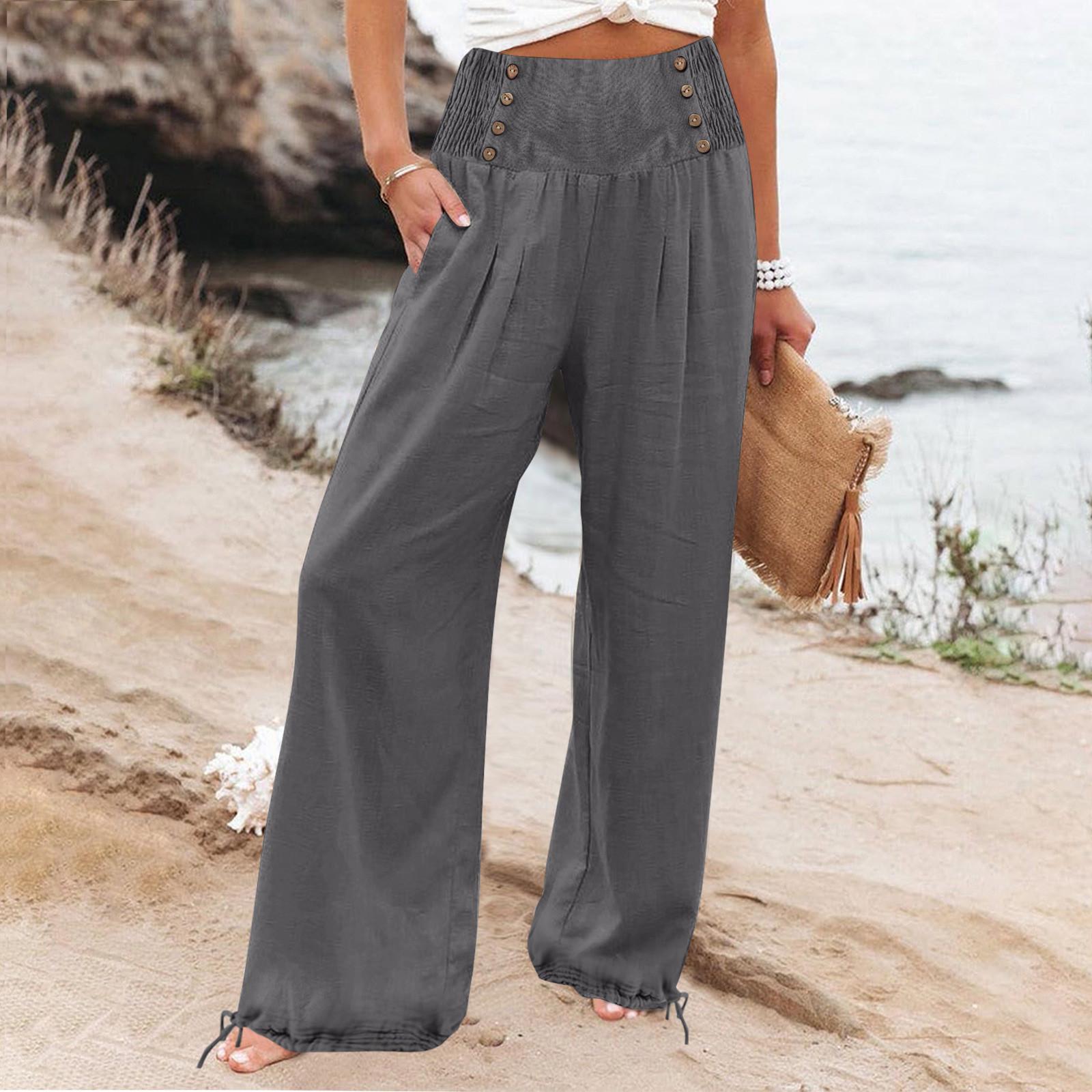 

Брюки для женщин, широкие брюки для йоги с карманами и пуговицами, повседневные укороченные брюки с высокой талией, свободные мягкие пижамные спортивные штаны M