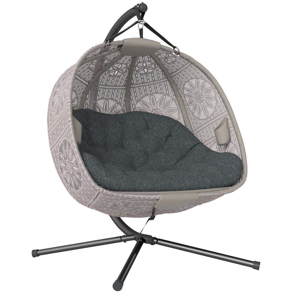 Hanging Chair with Stand, Egg-Shaped Hanging Swing with Removable Washable Cushion, Hammock for 2 People, Swing Chair Indoor Outdoor, Sand+Black