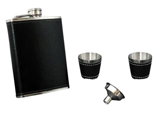 Hip Flask with Glasses in a Black Leather Trimmed Set + Funnel as a Gift