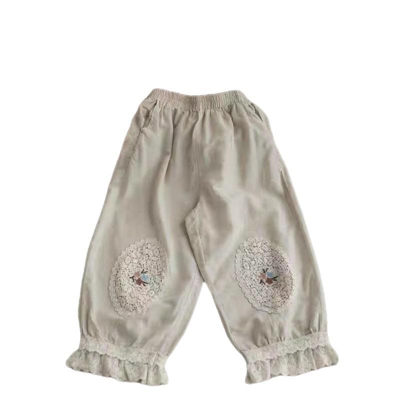 Women's Lantern Pants Embroidered with Lace Casual Pants Haren Pants Cropped Pants Elastic Waistband