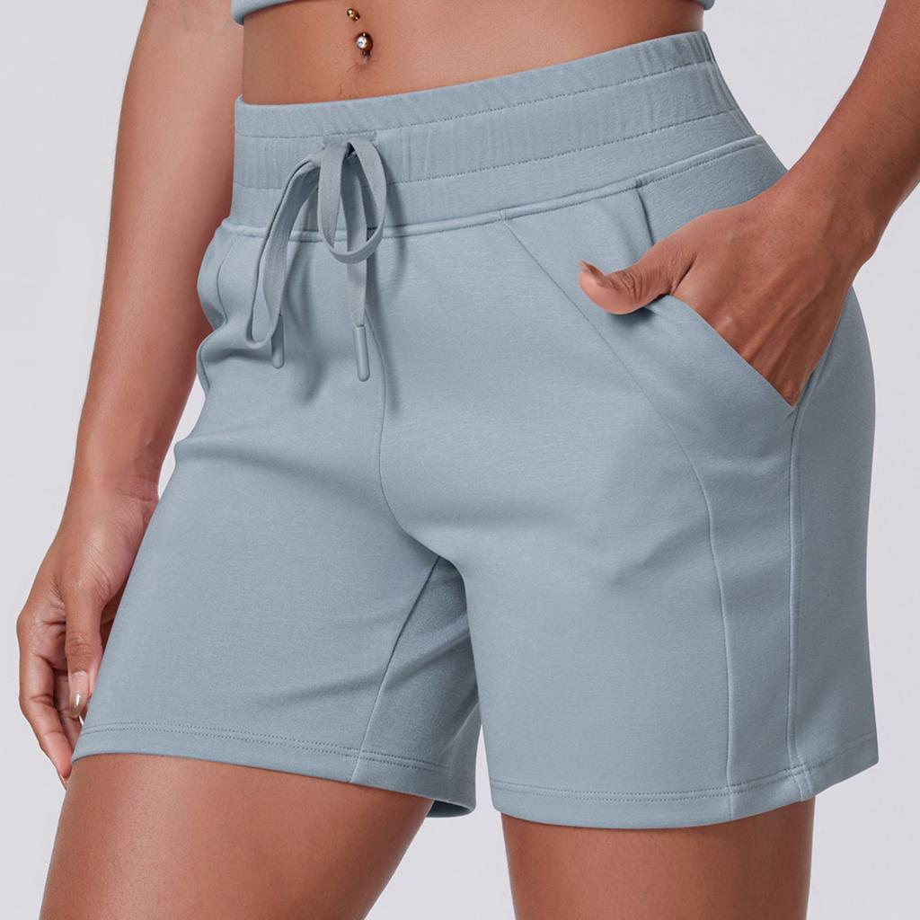 Women's Casual Loose Solid Color Drawstring Pocket Yoga Running Fitness Three Quarter Shorts