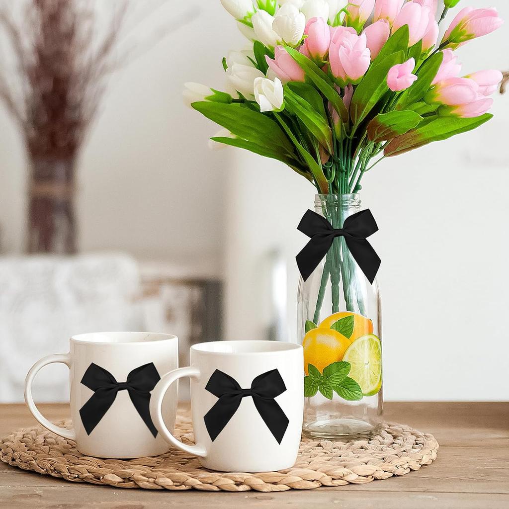Satin Ribbon Black Bow Decor 2." Self Adhesive Premade Bows for Gift Wrapping Black Mini Bow for Treat Bags Party Favors Wedding Decorations - 50