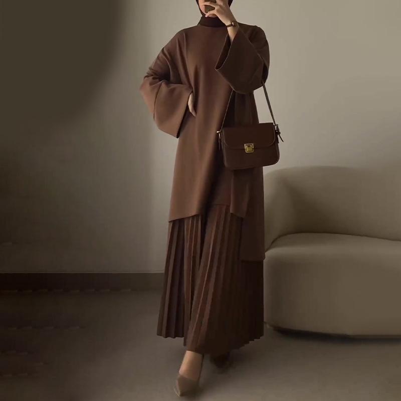 AUT1027392CMP Women Modest Two Piece Set Long Sleeve Loose Top Pleated Maxi Skirt Muslim Abaya Outfit Casual Matching Suit