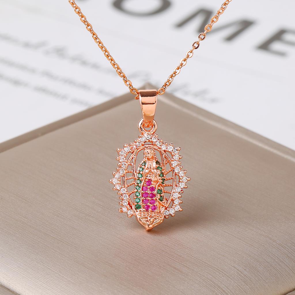Rhinestone Our Lady of Guadalupe Pendant Necklace Religious Virgin Mary Zircon Choker for Women Catholic Gift Prayer Jewelry