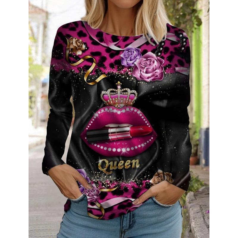 Spring And Autumn Long Sleeve Lip Print Leopard Printed T-Shirts Women Basic Casual Tops Female Loose Round Neck Tees Clothing