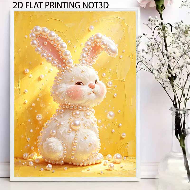 DIY 5D Pearl Bead Painting Kit with Frame Cute Rabbit in Yellow Shiny Canvas Art for Bedroom Wall Decor and Gift for Home Decoration