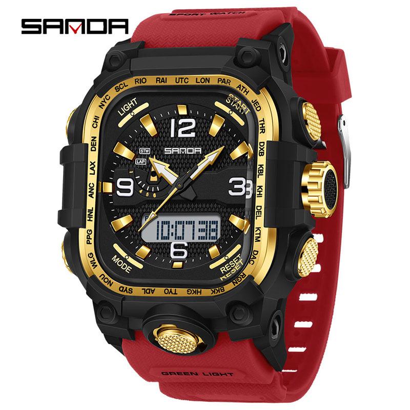 Sanda Three-Hand Square Dial Waterproof Student Sport Watch with Dual Display and Three-Zone Time.