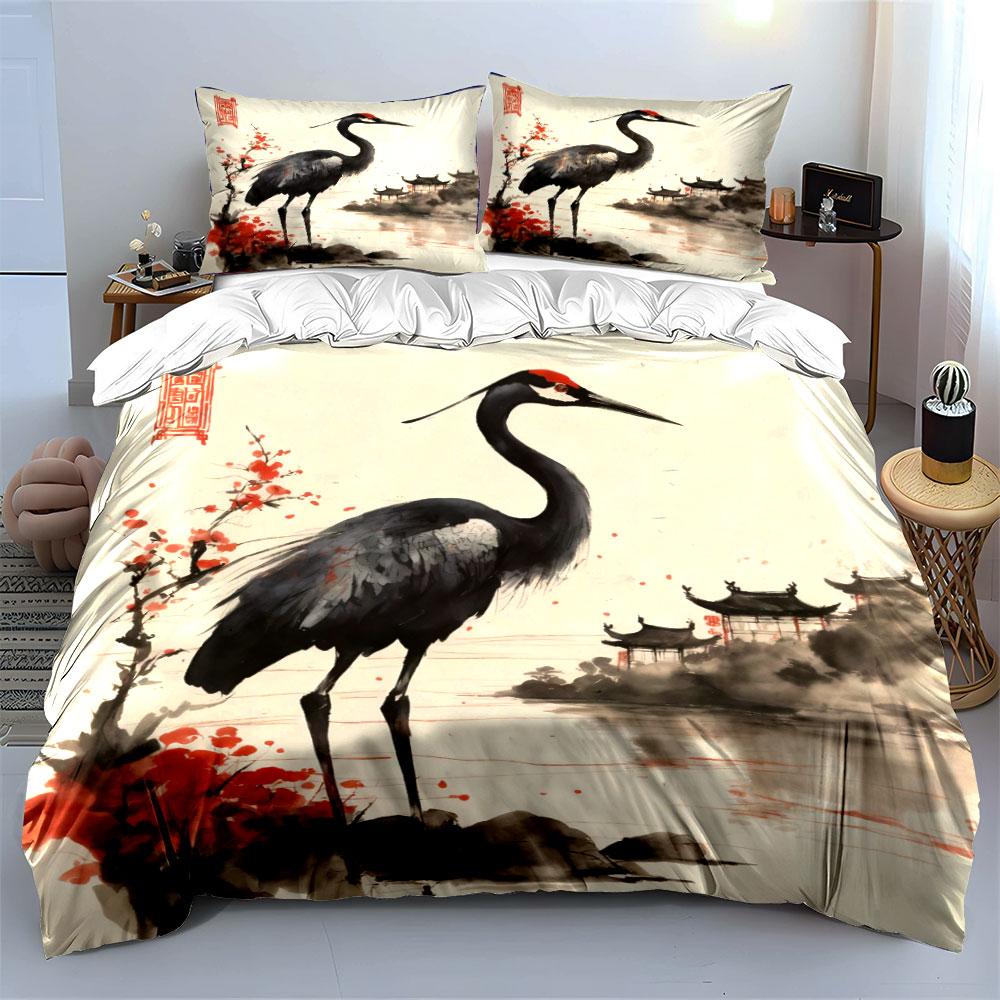 Chinese Ink Style Crane Decor Soft Comfortable Duvet Cover Bedding Set Included 1*Duvet Cover & 2*Pillowcases, Gift