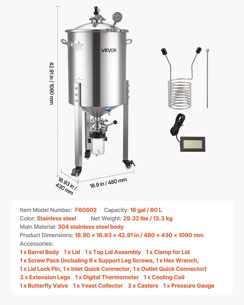 Stainless Steel Conical Fermenter, 16 Gal/60L Home Brewing Fermenation Tank, Brew Bucket Fermentor with Conical Bottom, 3 Caster Wheels, Lid, Handle &