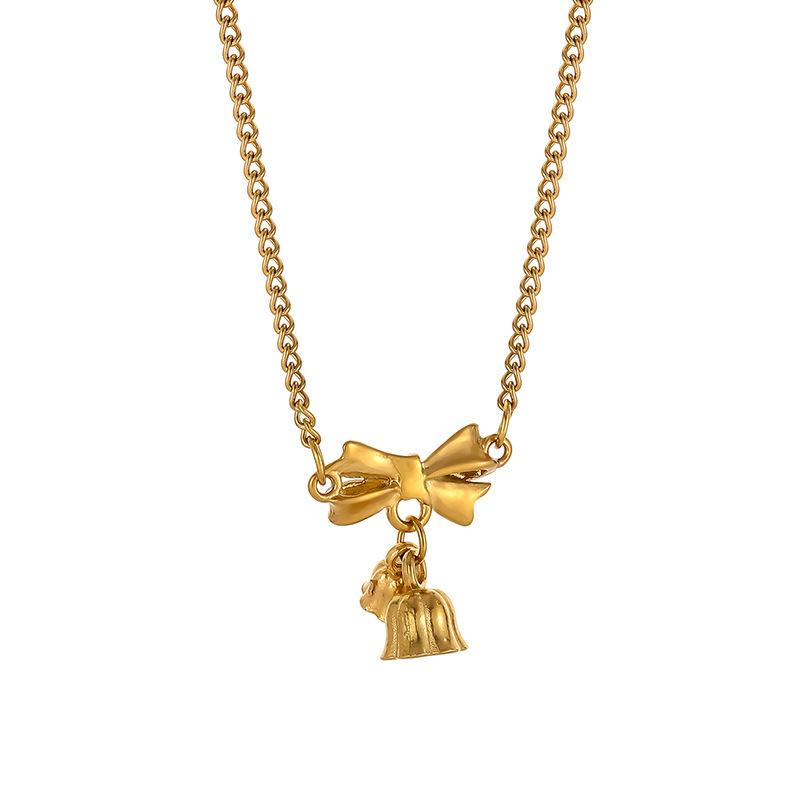 18K Gold Lily Flower Bow Necklace - Elegant Clavicle Chain for Women