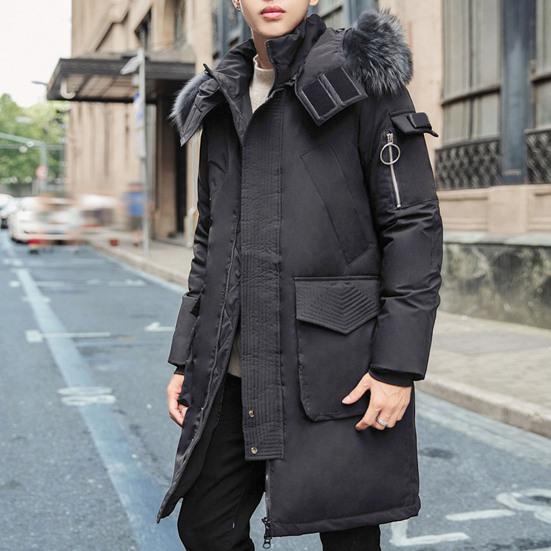Men Down Jacket Fur Collar Hooded Long Sleeve Solid Color Winter Coat Zipper Placket Pockets Thickened Puffer Outwear