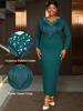 Plus Size Beaded Tassel Long Sleeve V-Neck Bodycon Maxi Dress - Elegant Formal Gown