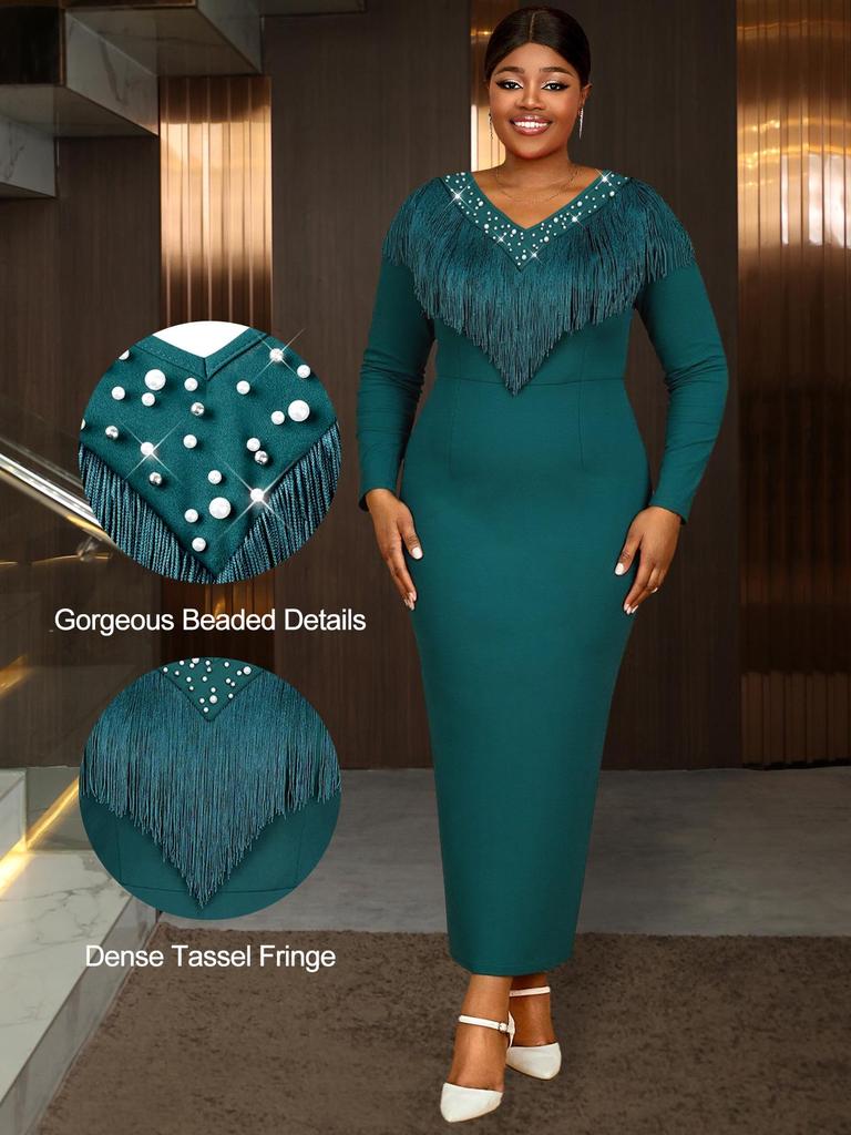 Plus Size Beaded Tassel Long Sleeve V-Neck Bodycon Maxi Dress - Elegant Formal Gown