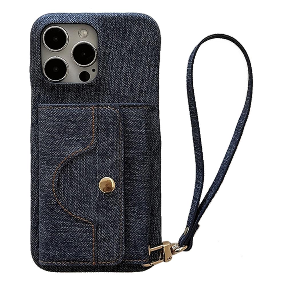 For iPhone 15 Pro Max Case Card Slots Mirror Design Jeans Cloth Texture PU Leather Back Cover with Strap