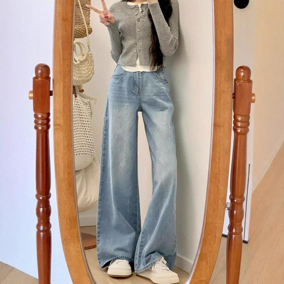 Light Blue Loose Straight Wide-leg Jeans Women Fall High Waist Thin Fashion Versatile Drape Drag Pants Retro Street Style Baggy Long Jeans for Ladies
