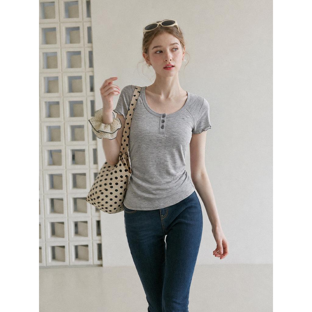 Gray Henry Neck Short Sleeve T-Shirt Women's Summer Irregular Slim Skinny Design Unique Shirt Top