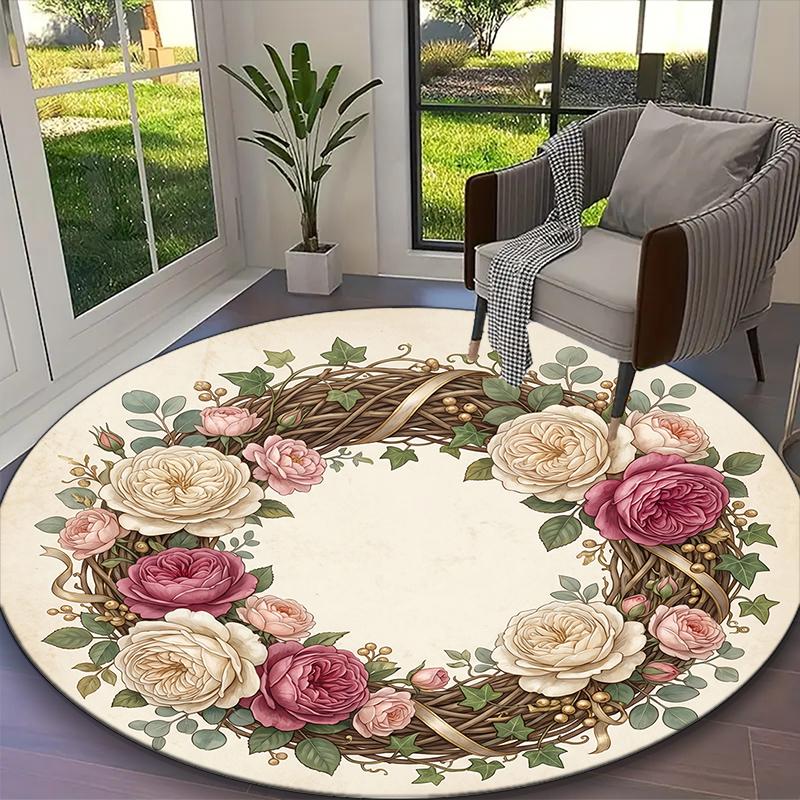 1pc Vibrant Twin Rose Petal Printed Chair Rug for Home Office Use, Living Room Kitchen Game Room Round Carpet