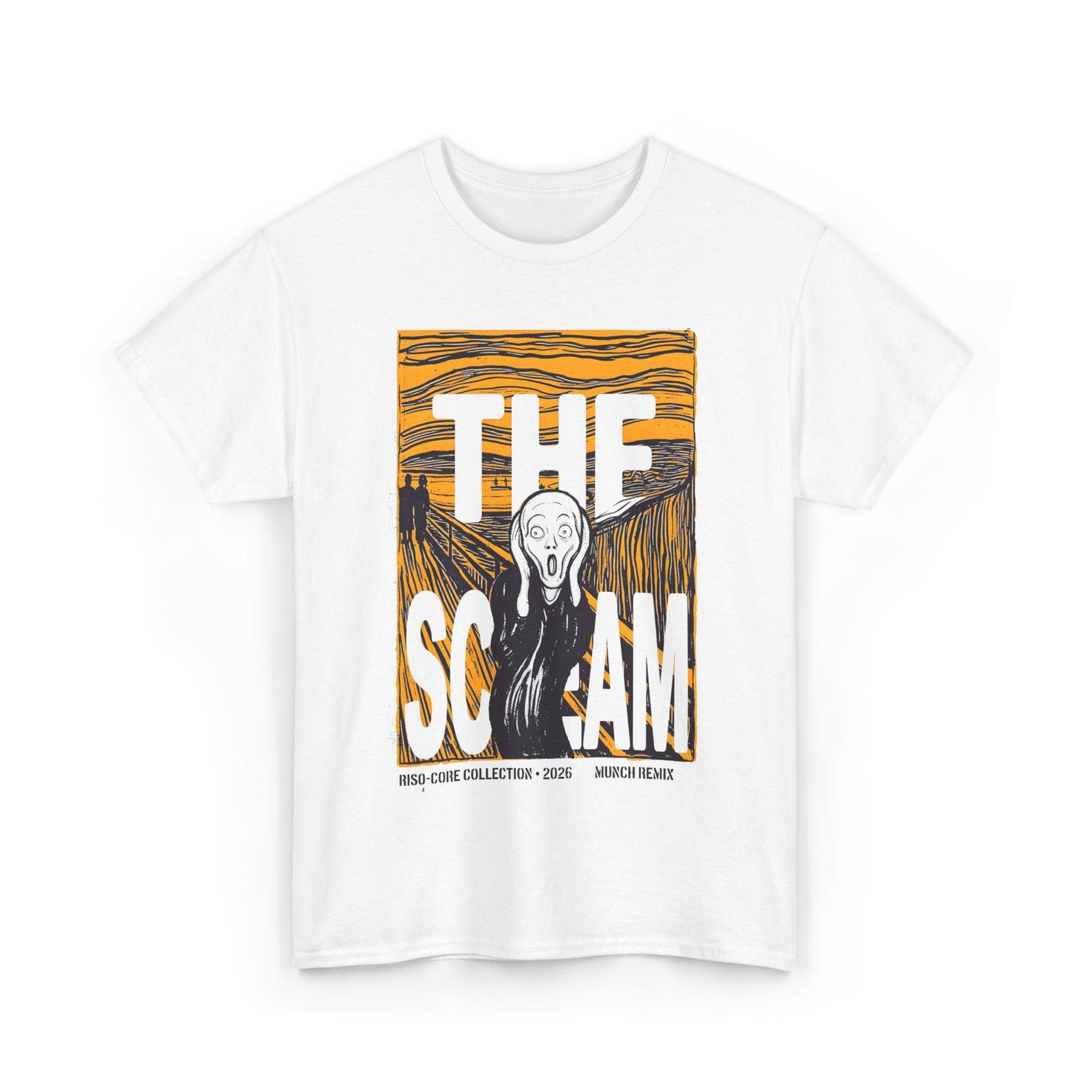 The Scream T-Shirt, Munch Fine Art Graphic, Riso Print Remix, Expressionist Masterpiece, Mustard Yellow Vintage Apparel, Cotton M