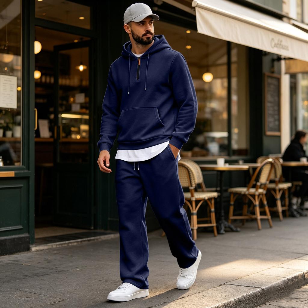 Men's Warm Lined Hoodie and Wide Leg Cargo Pants Set, Casual Relaxed Fit for Outdoor Sports