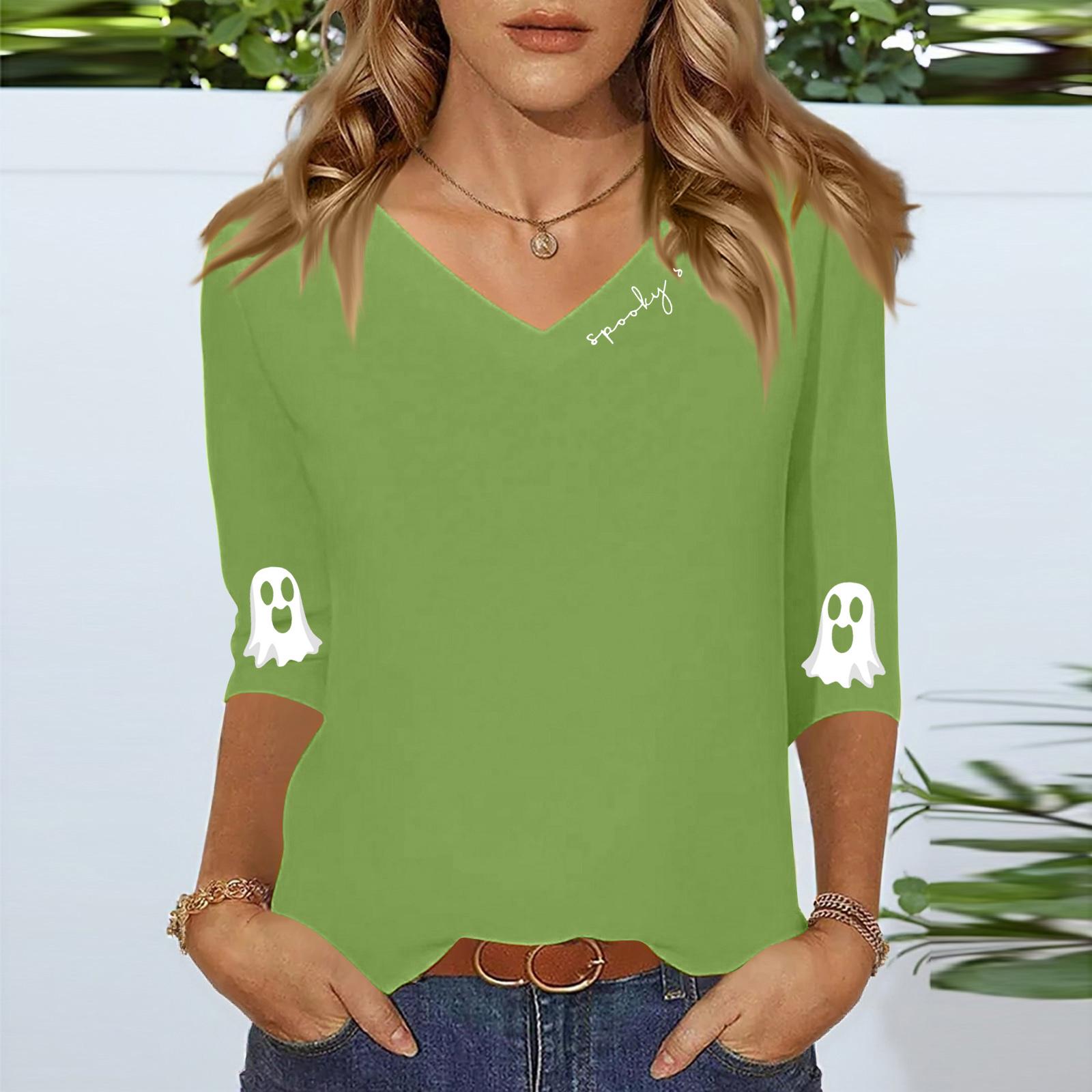 

Women s Three-quarter Sleeve Shirt V-neck Loose Casual Spooky Scason Halloween Print Top M