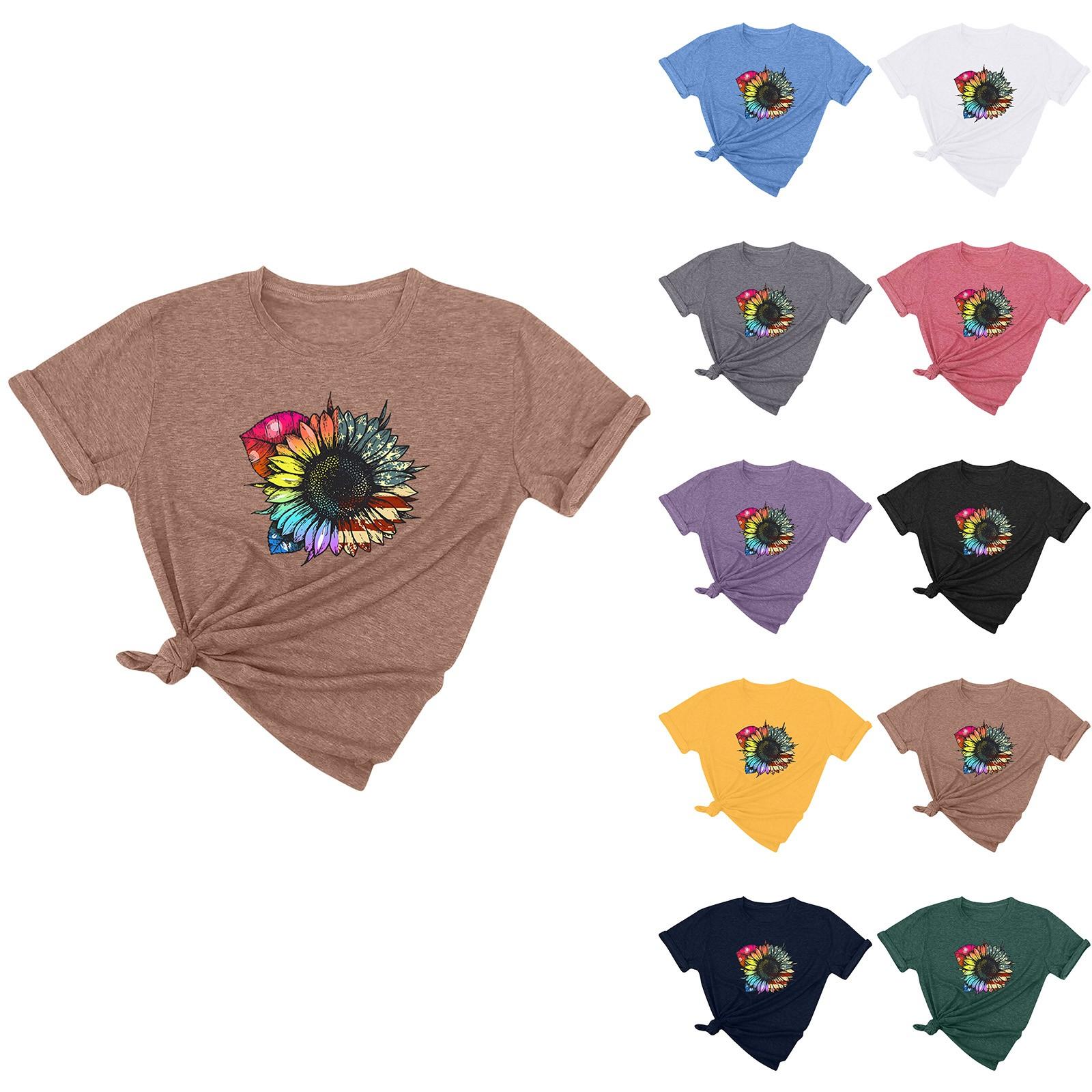 

Женская мода круглый вырез День независимости пуловер с принтом подсолнечника повседневная футболка