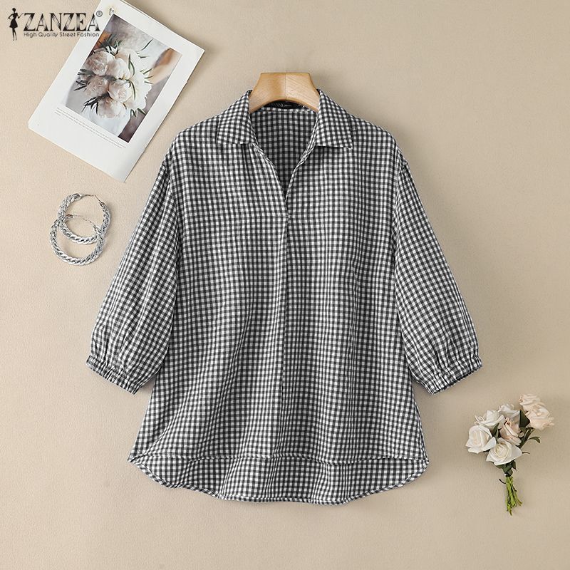 ZANZEA Women Casual Turn Down Collar Plaid Print Loose 3/4 Sleeve Blouse