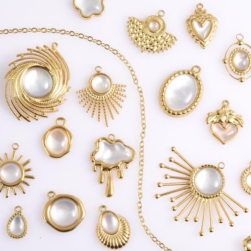 2pcs White Shell Oil Dripping Charm Real Gold Plated Love Round Water Droplet Stainless Steel Charms For Jewelry Making Supplies