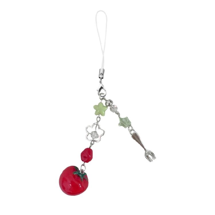 Creative Tomato Fork Keychain Phone Lanyard Resin Charm Decorative Accessory For Car Interior And Gifting