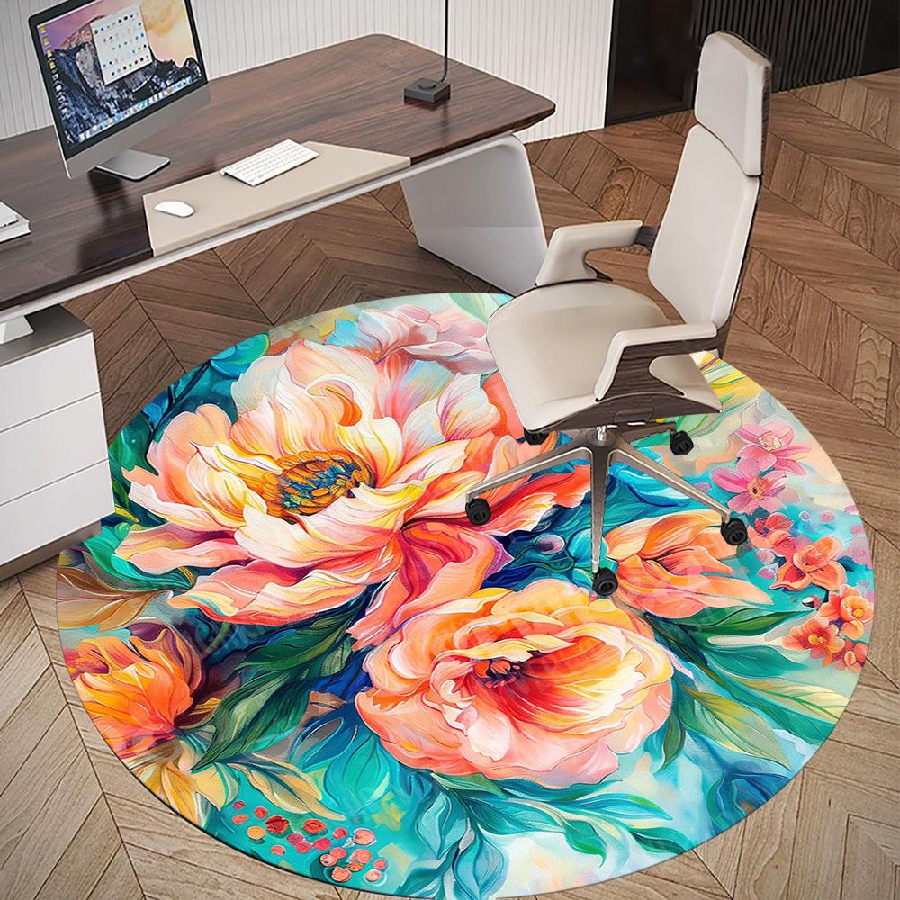 1PC Floral Artwork Office Round Area Rug, Under Office Chairs Bedroom Living Room Home Decor, Carpet for Office -1110045