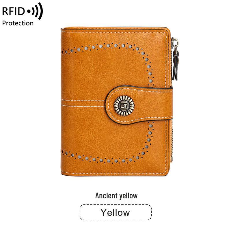 2023 RFID Women's Oil Wax Leather Wallet: Short Card Holder with Coin Purse and Fashion Buckle Zipper.