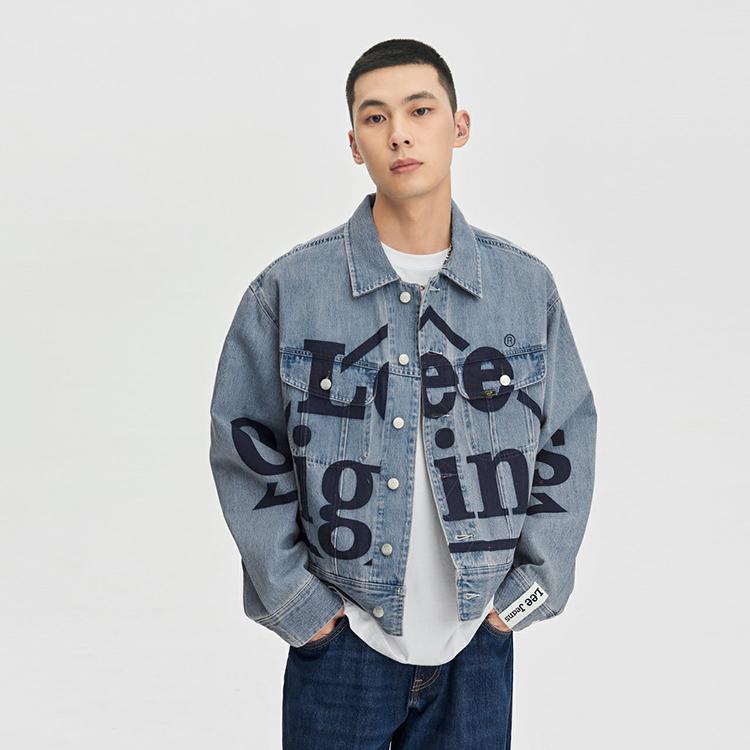 Comfortable Letter Print Single-Breasted Button-Down Loose Long Sleeve Denim Jacket Men jackets Light-Blue LMT007009101291A05309
