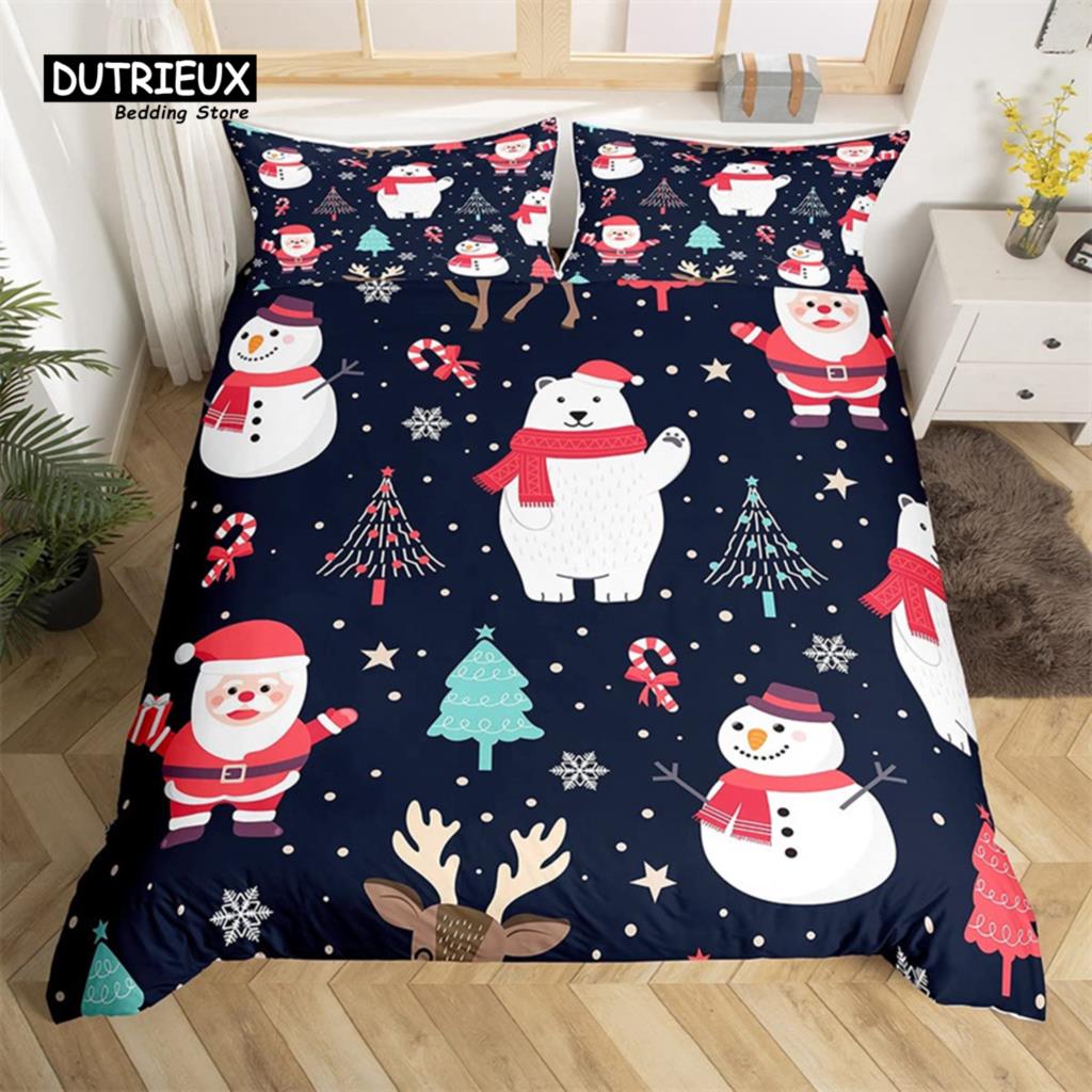 Christmas Duvet Cover Cartoon Snowman Deer Reindeer Bedding Set Twin Size Microfiber Cute Gingerbread Stocking Comforter Cover