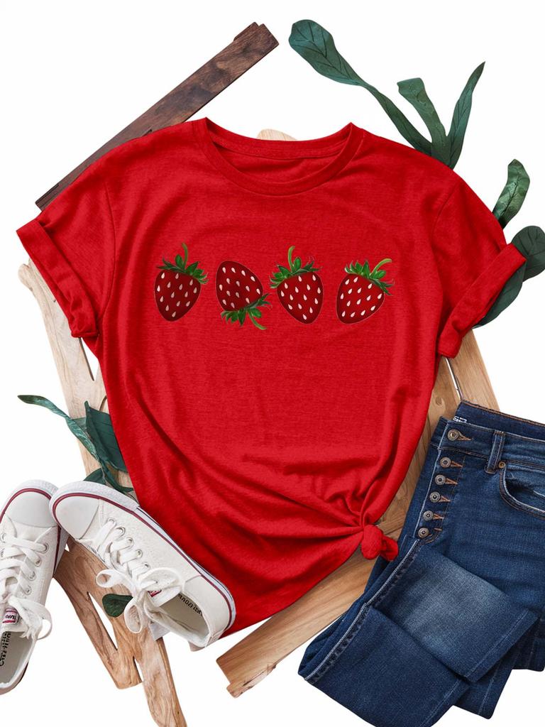 Women's Casual Short Sleeve with Red Strawberry Print Round Neck Breathable Cute T-shirts Harajuku Short Sleeve Casual Y2k Tops