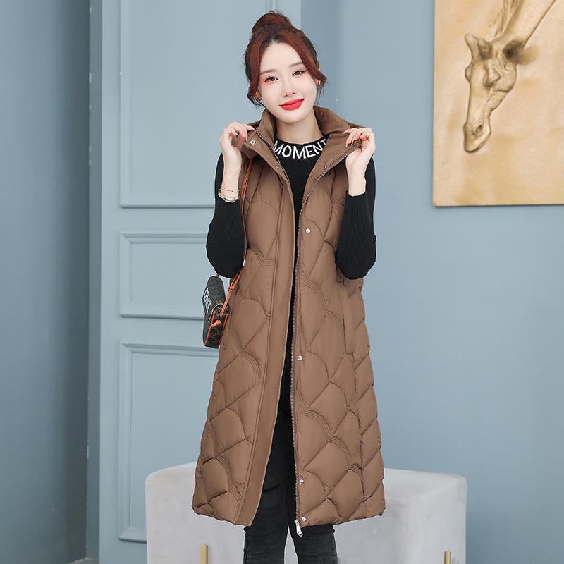 

Women s Autumn and Winter Solid Color Slim Mid-length Temperament Vest Hooded Commuter Warm Jacket M