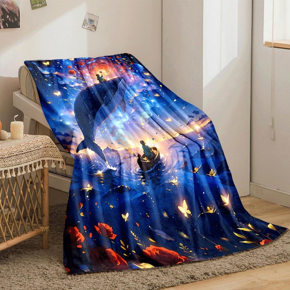 A magical scene with a whale, glowing vortex, butterflies, and roses. for all seasons blanket lunch break throw gift