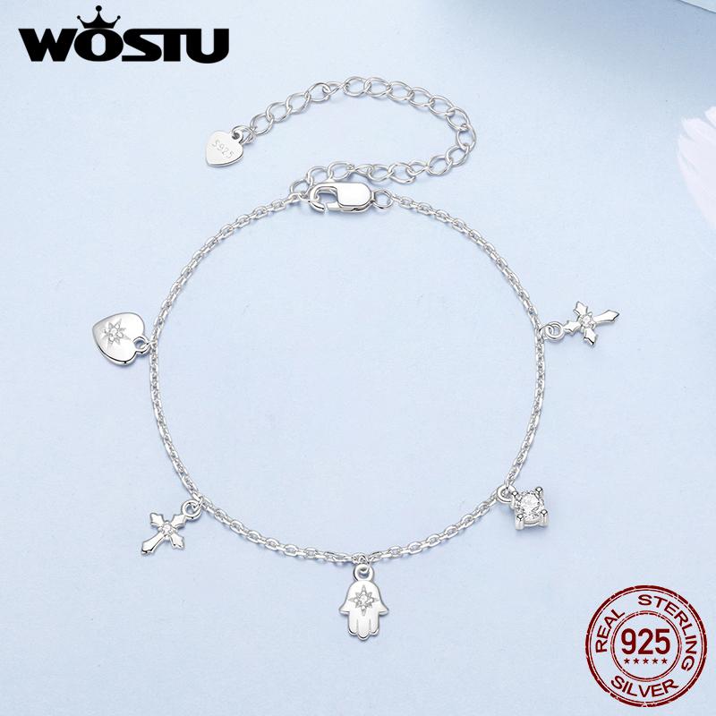 WOSTU 925 Sterling Silver Hamsa Hand of Fatima Cross Charm Bracelets ,Women Hexagram Zircon Chain Link Women Holiday Lucky Gift