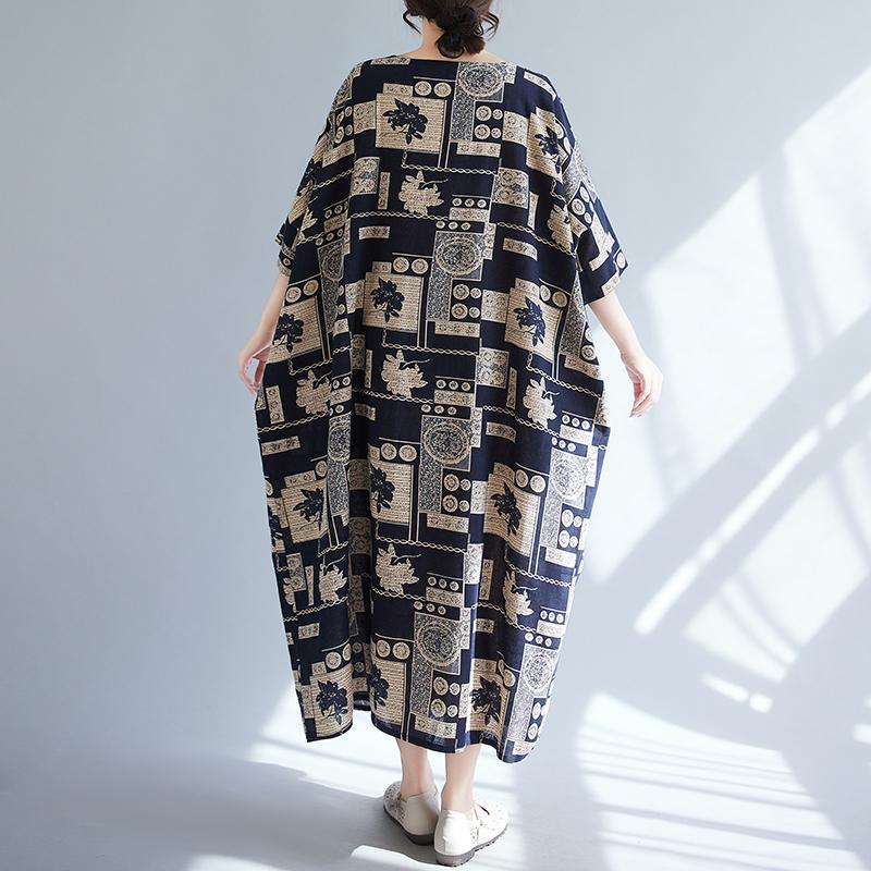 DIMANAF 2025 New Plus Size Summer Dress Women Vintage Printing Loose Casual Dress Long Soft Linen Dress Maxi