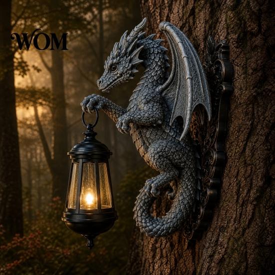 Outdoor Solar Lamp Dragon Wall Light, Vintage Resin Sculpture Lamp, Hanging Lantern Waterproof Gothic Garden for Fence Yard, Halloween Decor