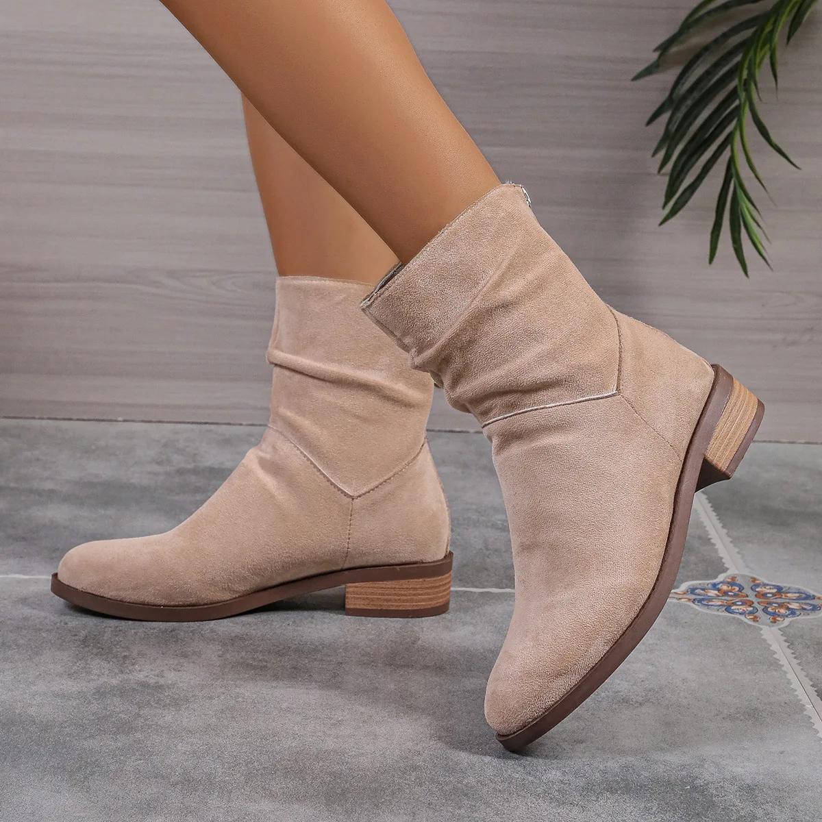 

Fashion Woman Suede Ankle Boots Autumn New Fashion Thick Heels Back Zipper Boot Woman Design Chunky Heel Pointy Short Botas Plus Size 43 36 хаки