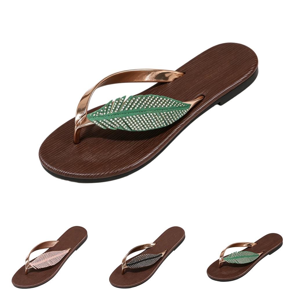 Women's Flat Flip Flop Sandals with Decorative Rhinestone Leaf Accent Slip On Lightweight Casual Beach Footwear