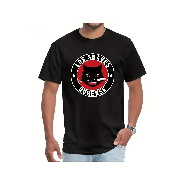 Los Suaves Ourense Men's Samurai Graphic T-Shirt - Black Casual Short Sleeve Round Neck Tee with Red & White Cat Print, Breathable All-Season Top,
