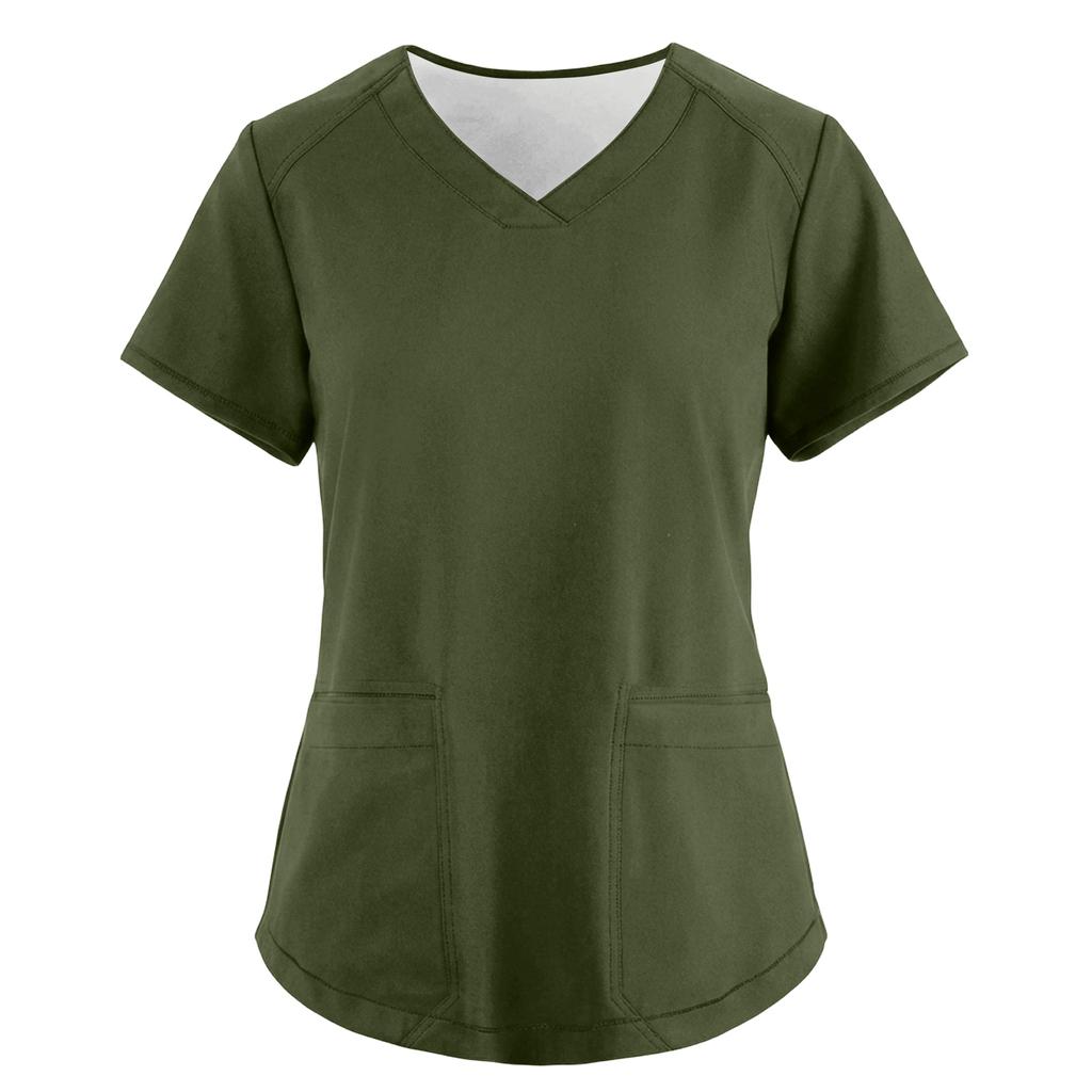 Women's Fashionable Loose-Fit Short-Sleeve V-Neck Pocket Workwear Top