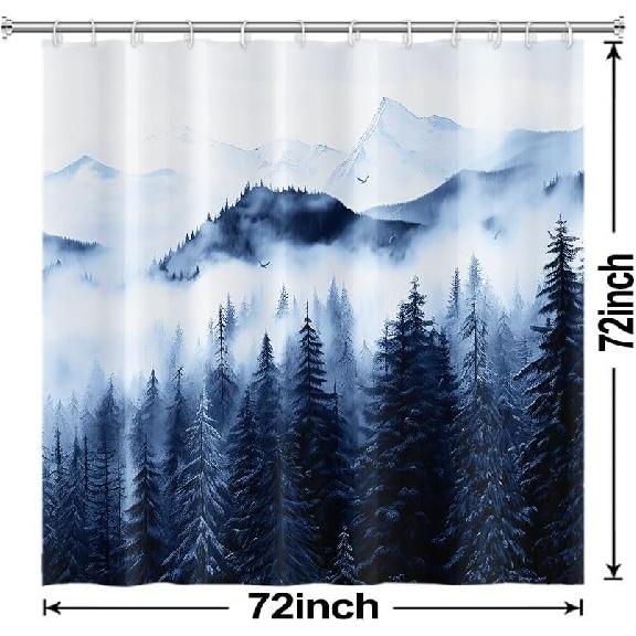 Mountain Shower Curtain, Navy Blue Misty Forest Shower Curtain Set Waterproof Nature Scenery Bathroom Decor with Hooks, 72x72 Inch