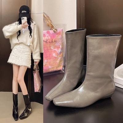 Designer Square Toe Women Slimming Knight Boots Elegant Female Wedges Low Heel Short Booties Zapatos De Mujer