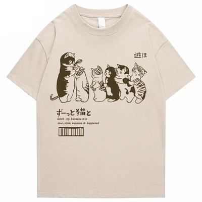 2023 Summer Short Sleeve T Shirt Summer Unisex's Oversized T Shirt Clothing Hip Hop Cat Shower Street Print T Shirt Casual Cotton