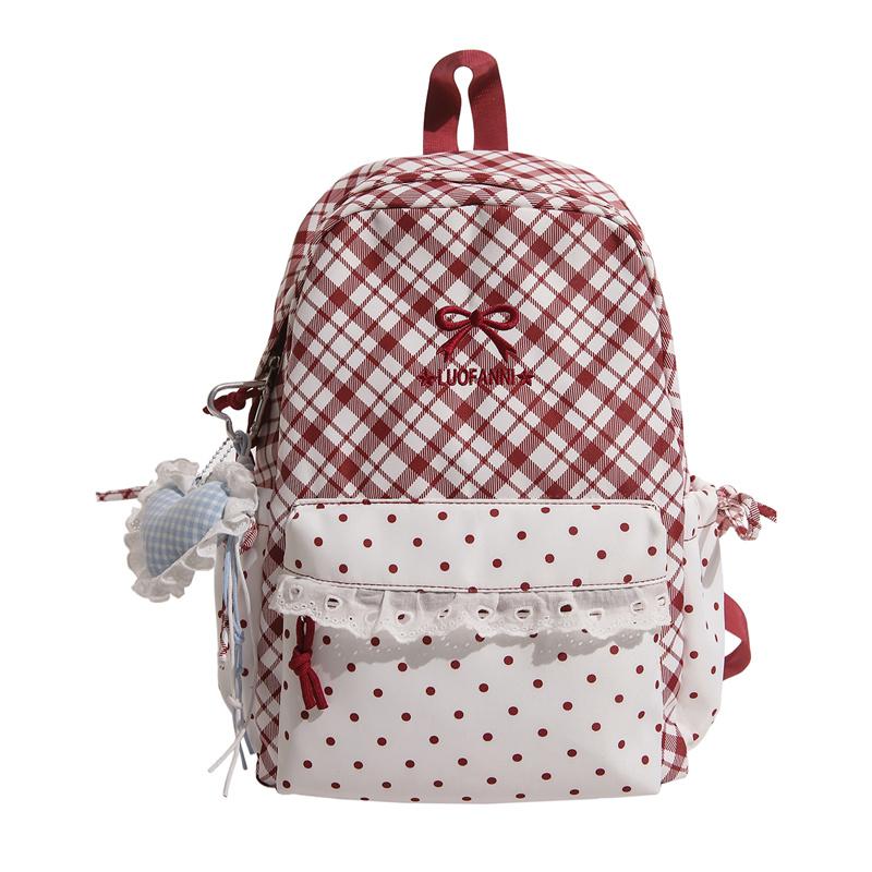 Cute Gingham Polka Dot School Backpack with Bow Detail Lace Trim Lightweight Zipper Daypack for Teen Girls Travel