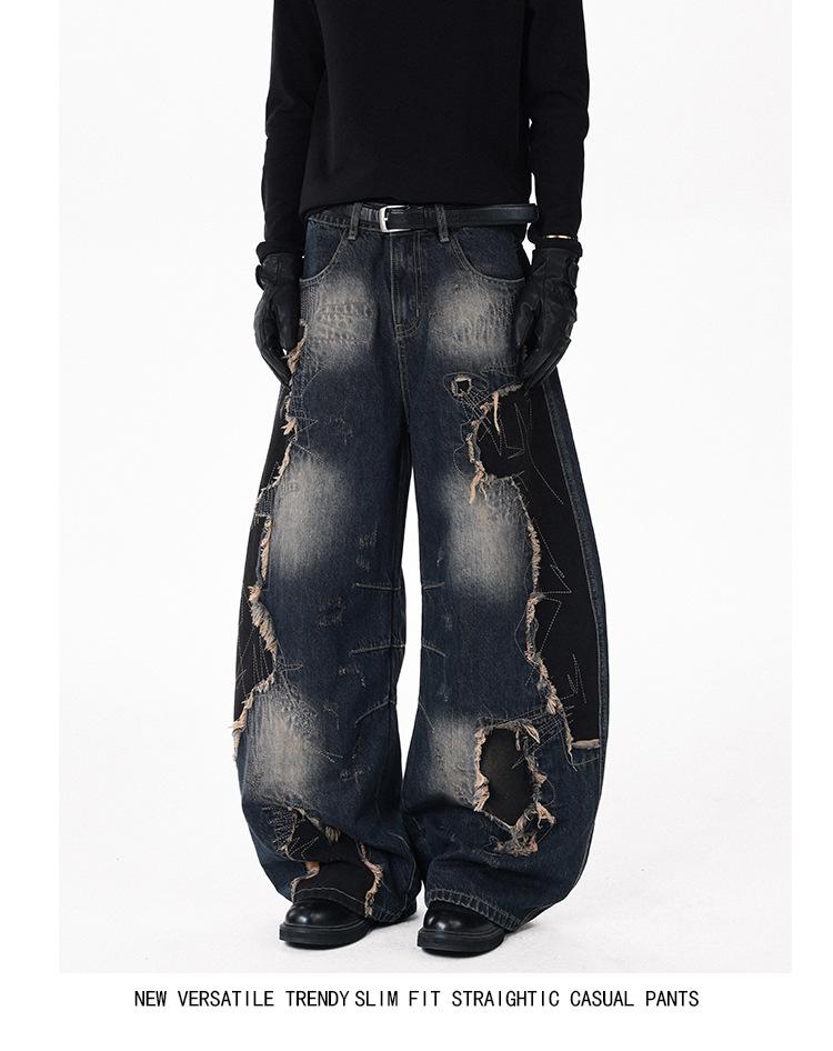 Pantaloni Larghi Unisex Patchwork High Street Orlo Grezzo Gamba Curva