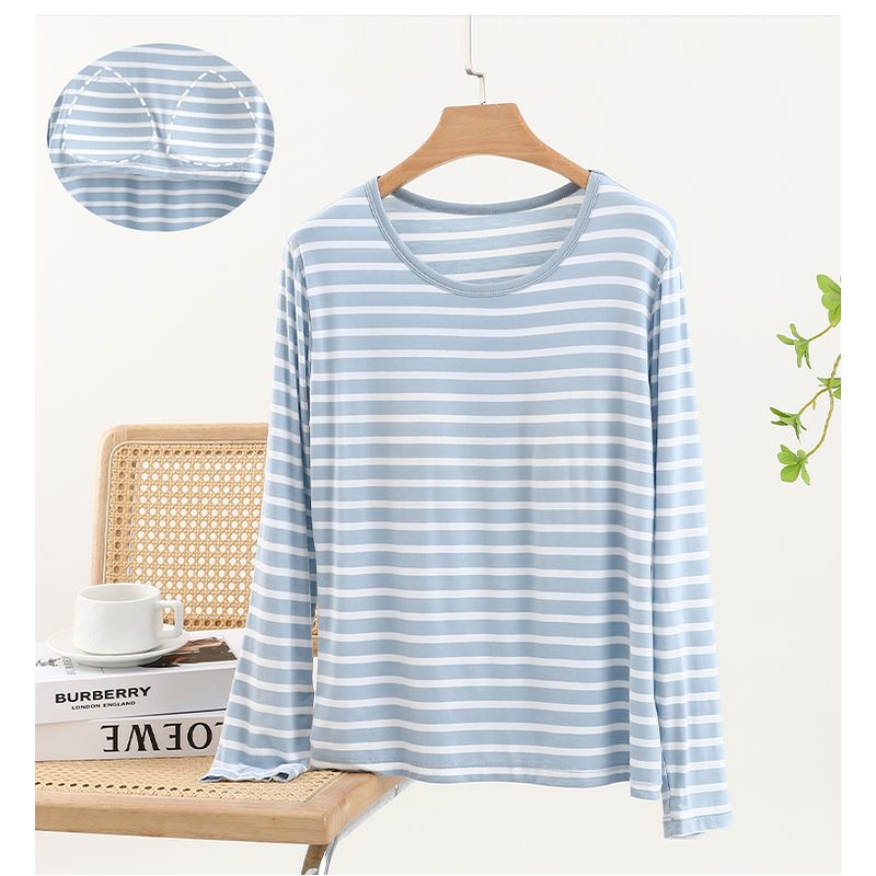 Thin Stripes Chest Pad T-shirt Long Sleeve Modal Bra-Free Undershirt Outwear Loose Easiest for Match Homewear Tops