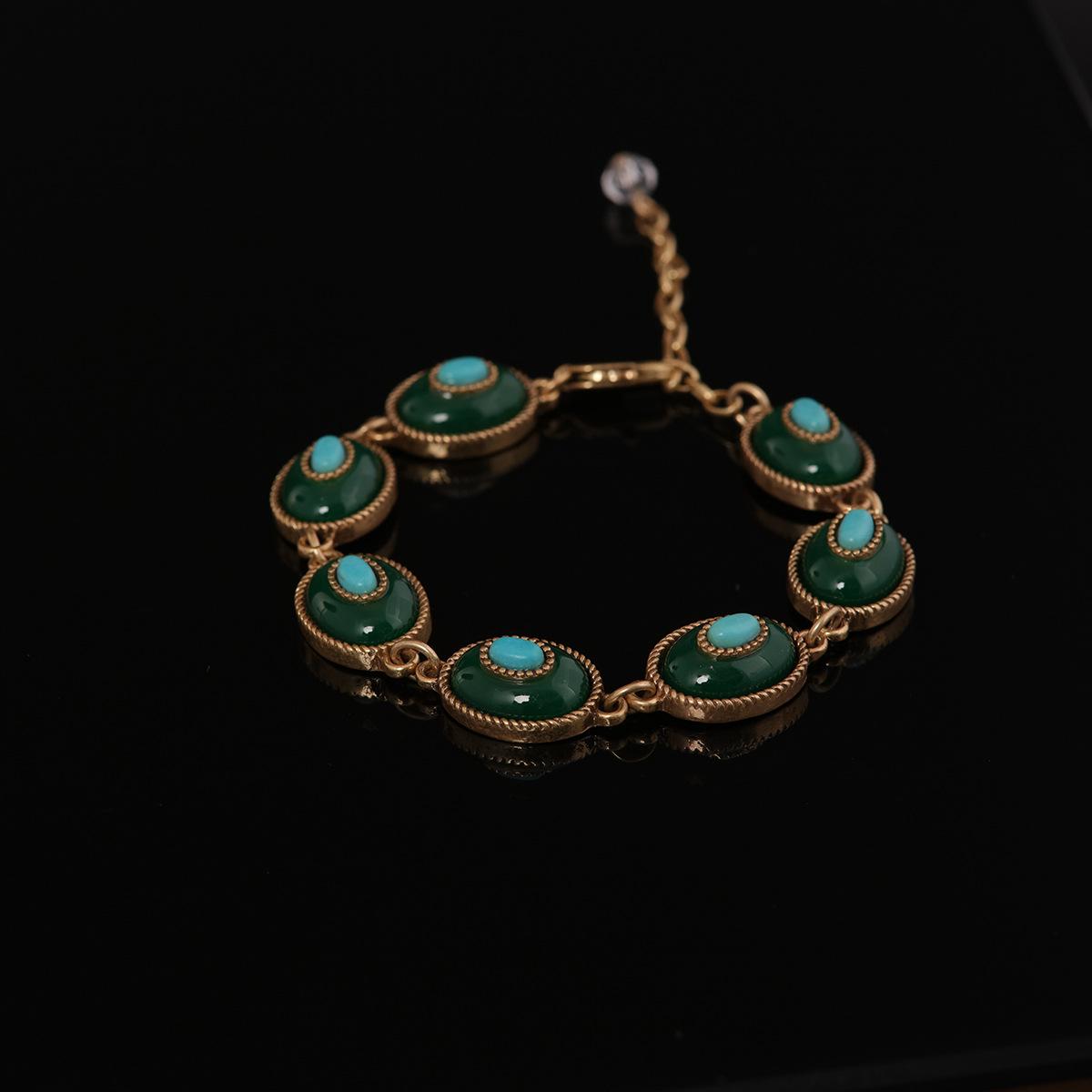 Средневековый Винтажный Медный Позолоченный Старое Золото Зеленый Агат Бирюза Инкрустированный Набор Серьги и Ожерелье